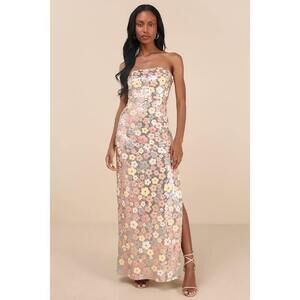 Lulus Pazzi Gold Floral Sequin Strapless Column Maxi Dress - Size M